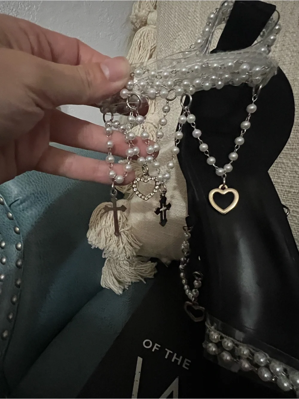Black Pearl-Embellished Platform Heels